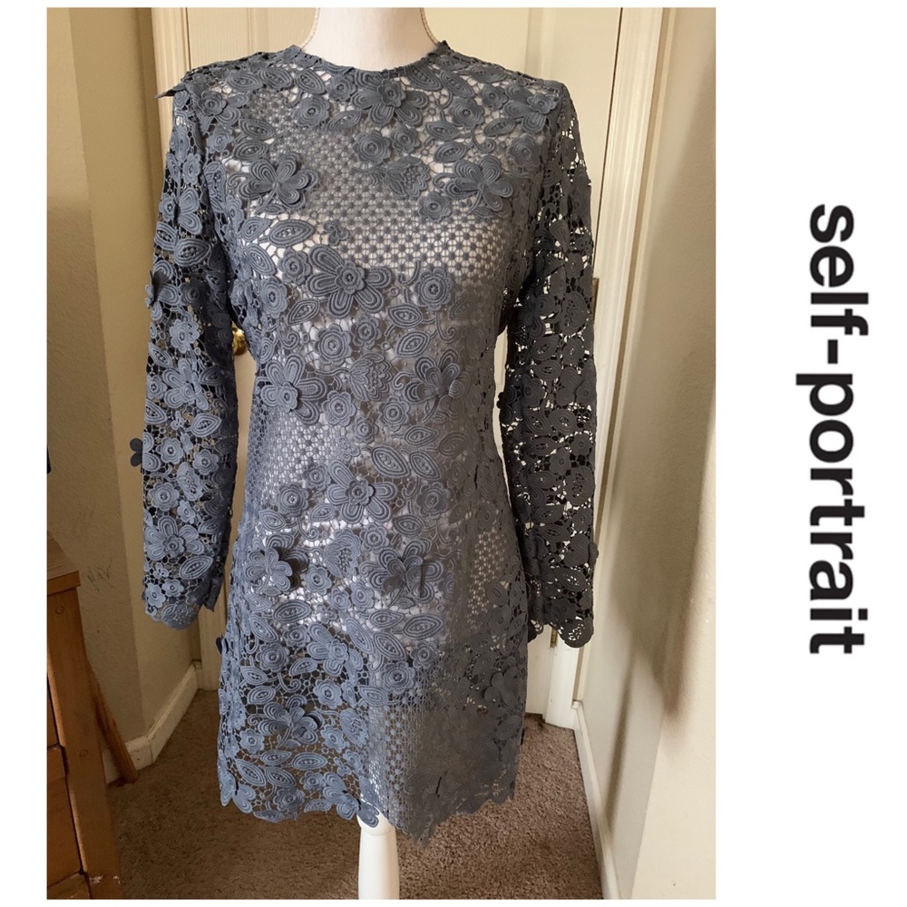 Self-Portrait Gray Floral Lace Mini Dress